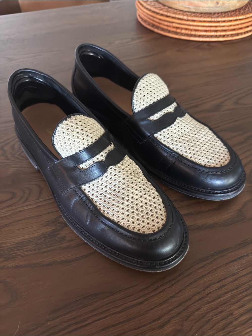 Aime Leon Dore Black Leather Penny Loafers with Cream Knit Vamp